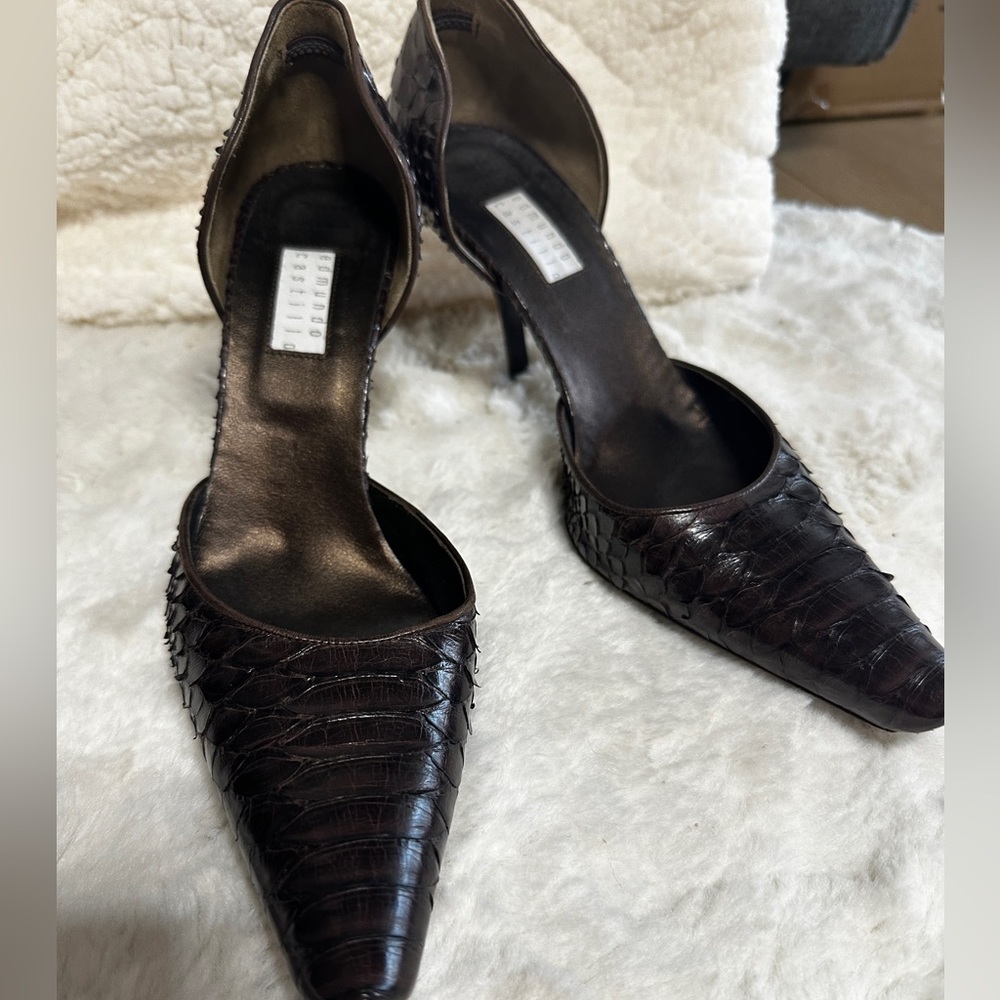 Edmundo Castillo d'Orsay dark brown leather snake python embossed heels size 8.5